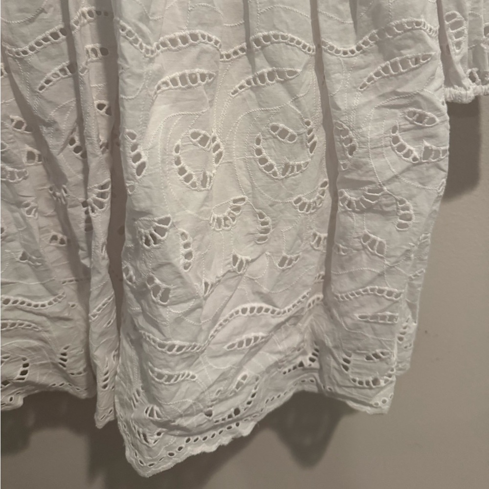 Loft White Eyelet bridal Lace Mini Dress Boho Cottagecore Scallop Hem Large Tall - Picture 11 of 15